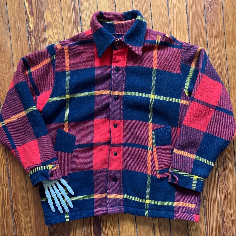 💀 SOLD 💀 Vintage 60s Maine Guide Wool Sherpa Lined Plaid Flannel Jacket ~ L - Picture 4 of 8